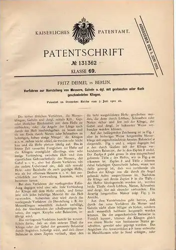 Original Patentschrift - F. Deimel in Berlin ,1901 , Messer , Gabel mit geschmiedeten Klingen , Besteck !!!
