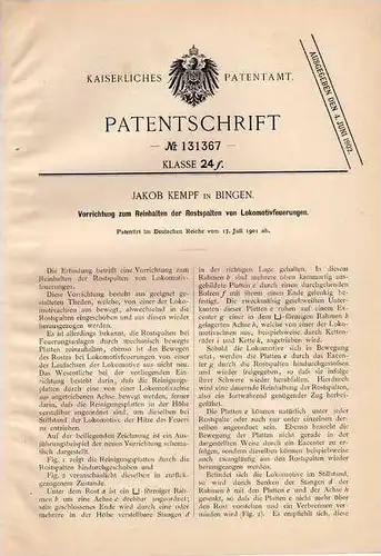 Original Patentschrift - J. Kempf in Bingen , Feuerung für Lokomotive , Eisenbahn , 1901 !!!