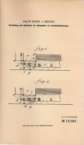 Original Patentschrift - J. Kempf in Bingen , Feuerung für Lokomotive , Eisenbahn , 1901 !!!