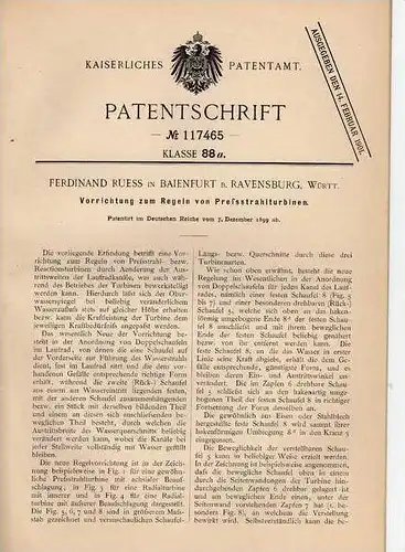 Original Patentschrift - F. Ruess in Baienfurt b. Ravensburg , 1899 , Preßstrahlturbine , Turbine !!!