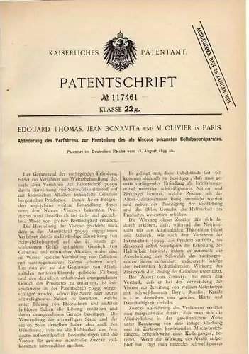 Original Patentschrift - E. Thomas in Paris , Viscose  Präparat , 1899 , Chemie !!!