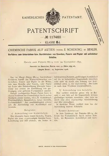 Original Patentschrift - Chem. Fabrik auf Aktien in Berlin , Fasern , Gewebe , 1895 , Chemie !!!