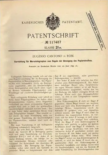 Original Patentschrift - E. Cantono in Rom , Telegraph , Morsegerät , 1899 , telegraphy , Telegraphie !!!