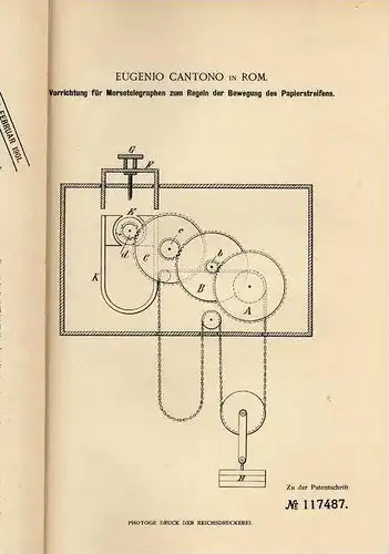 Original Patentschrift - E. Cantono in Rom , Telegraph , Morsegerät , 1899 , telegraphy , Telegraphie !!!