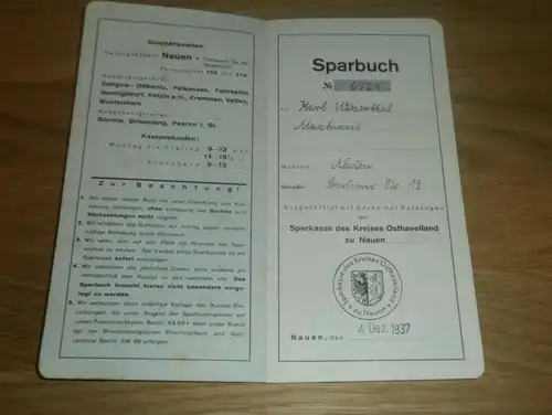 altes Sparbuch Nauen , 1937 - 1944 , Karl Wiesenthal , Maschinist , Sparkasse , Bank !!!