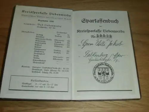 altes Sparbuch Bad Liebenwerda / Falkenberg a. Elster , 1944 - 1945 , Willi Jakob ,  Sparkasse , Bank !!!