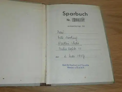 altes Sparbuch Werdau , 1957 - 1959 , Elli Körting , Bahnhofstraße 10 , Sparkasse , Bank !!