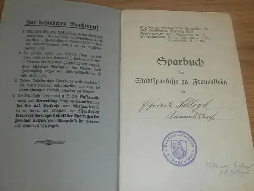 altes Sparbuch Frauenstein i. Erzgeb., 1933 - 1943 , Elfriede Schlegel , Ammelsdorf , Dippoldiswalde Sparkasse , Bank !!