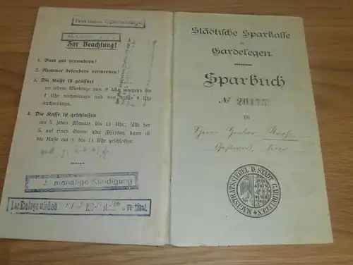 altes Sparbuch Gardelegen , 1926 - 1945  , Gustav Maaß , Gastwirt , Sparkasse , Bank !!!