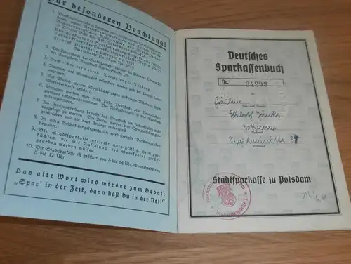 altes Sparbuch Potsdam , 1941 - 1945 , Elsbeth Jänke , Sparkasse , Bank !!!