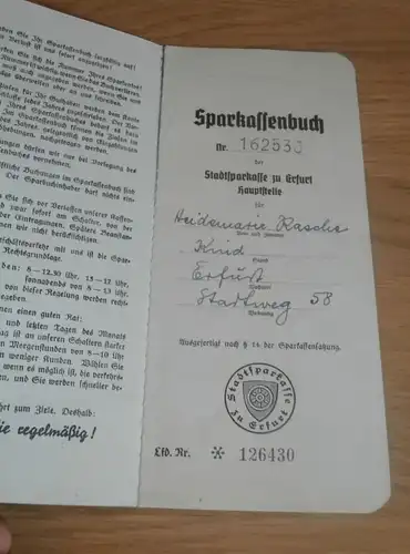 altes Sparbuch Erfurt , 1943 - 1945 , Heidemarie Rasche , Stadtweg 58 , Sparkasse , Bank !!!