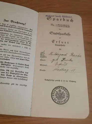 altes Sparbuch Erfurt , 1939 - April 1945 , Hildegard Rasche , geb. Gurike , Sparkasse , Bank !!!