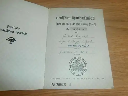 altes Sparbuch Brandenburg a. Havel , 1943 - 1944 , Major Folker Konrad , Georgsmarienhütte , Sparkasse , Bank !!!