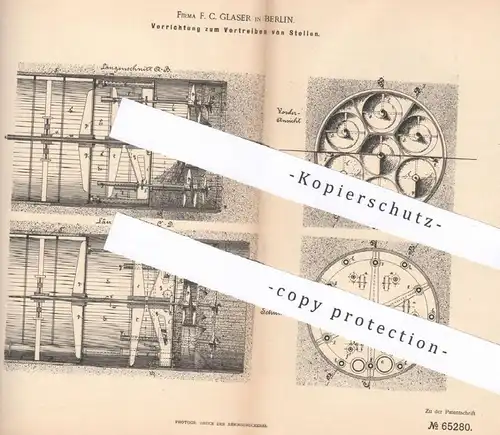 original Patent - F. C. Glaser , Berlin  1892 , Vortreiben von Stollen | Bergbau , Bergwerk , Bergarbeiter , Stollenwerk