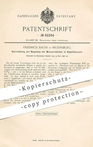 original Patent - Friedrich Bauer , Regensburg , 1896 , Wasserstandsregler in Dampfkessel | Kessel , Wasserkessel !!