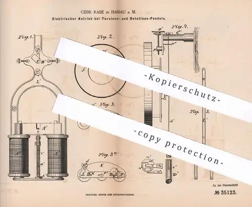 original Patent - Gebr. Rabe , Hanau / Main , 1885 , Elektrischer Antrieb am Pendel | Uhr , Uhren , Uhrwerk , Uhrmacher