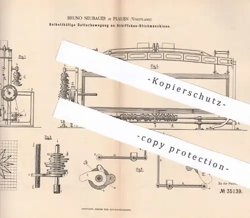 original Patent - Bruno Neubauer , Plauen , Voigtland , 1885 , Gatterbewegung an Schiffchen - Stickmaschine | Sticken !!