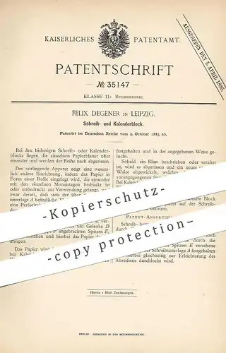 original Patent - Felix Degener , Leipzig , 1885 , Schreibblock , Kalenderblock | Kalender , Notizblock , Klemmbrett !!