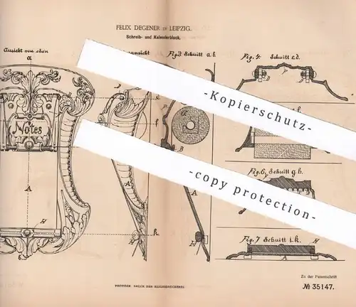 original Patent - Felix Degener , Leipzig , 1885 , Schreibblock , Kalenderblock | Kalender , Notizblock , Klemmbrett !!