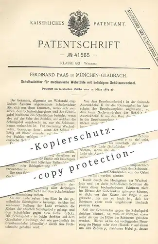 original Patent - Ferdinand Paas , Mönchengladbach , 1887 , Schusswächter für mechanischen Webstuhl | Weben , Weber !!!