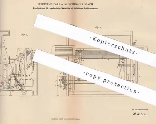 original Patent - Ferdinand Paas , Mönchengladbach , 1887 , Schusswächter für mechanischen Webstuhl | Weben , Weber !!!