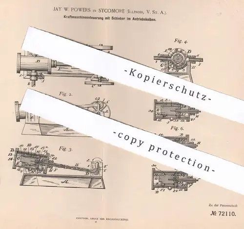 original Patent - Jay W. Powers , Sycomore , Illinois , USA , 1892 , Kraftmaschinensteuerung | Motor Steuerung | Motoren