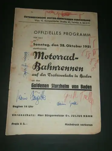 Rennprogramm Bahnrennen in Baden 1951 ,mit Autogrammen , Speedway , Motorradrennen ,  Wien , Programm , Programmheft !!!