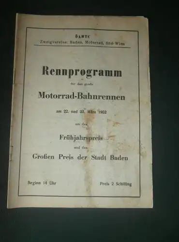 Rennprogramm Bahnrennen in Baden 1952 , Sandbahnrennen , Speedway , Wien , Programm , Programmheft !!!