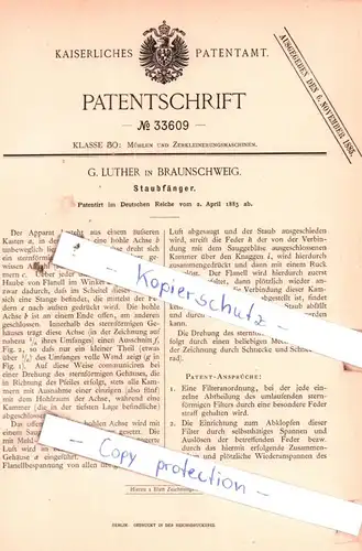 original Patent - G. Luther in Braunschweig , 1885 , Staubfänger !!!