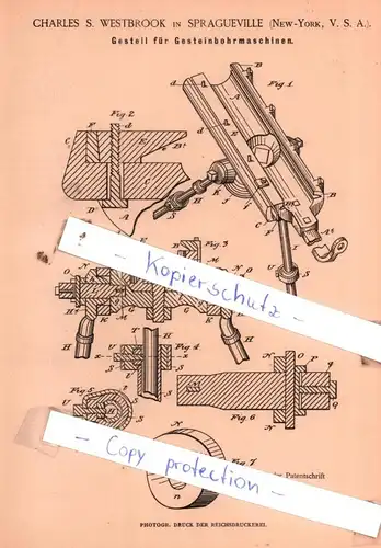 original Patent - Charles S. Westbrook in Spragueville , New-York , 1885 , Gestell für Gesteinbohrmaschinen !!!
