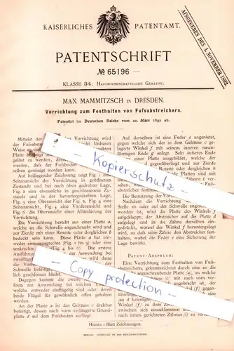 original Patent - Max Mammitzsch in Dresden , 1892 , Vorrichtung zum Festhalten von Fußabstreichern !!!