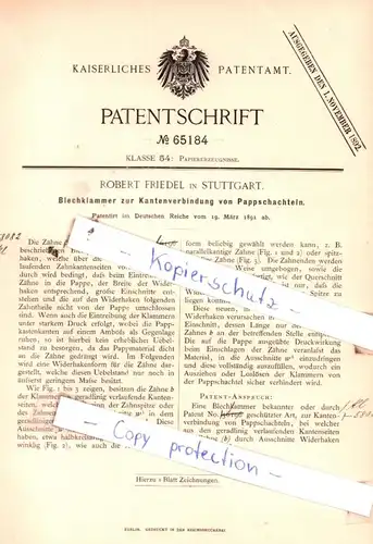 original Patent - Robert Friedel in Stuttgart , 1891 , Papiererzeugnisse !!!