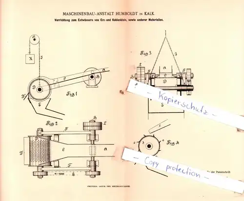 original Patent - Maschinenbau-Anstalt Humboldt in Kalk , 1892 , Vorrichtung zum Entwässern von Erz- und Kohlenklein !!!