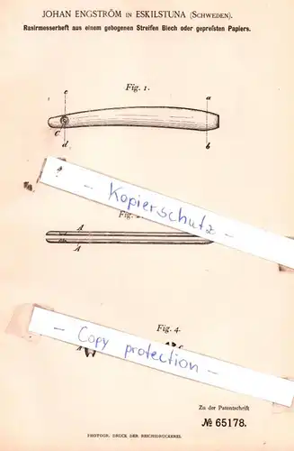 original Patent - Johan Engström in Eskilstuna , Schweden , 1892 , Schneidwerkzeuge !!!