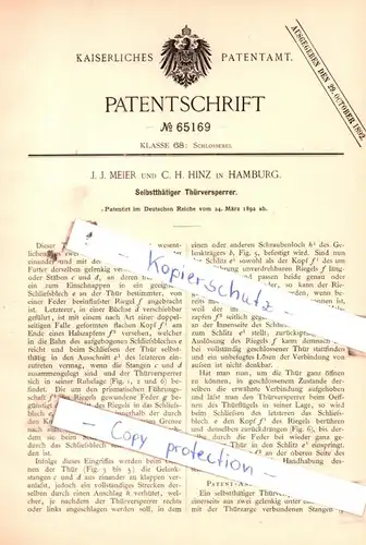 original Patent -  J. J. Meier und C. H. Hinz in Hamburg , 1892 , Selbstthätiger Thürversperrer !!!