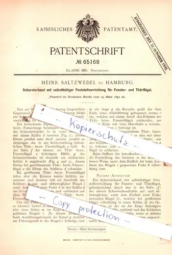 original Patent - Heinr. Saltzwedel in Hamburg , 1892 , Schlosserei !!!