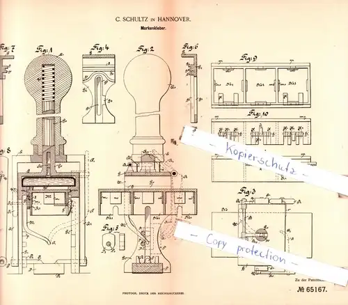 original Patent -  C. Schultz in Hannover , 1892 , Markenkleber !!!