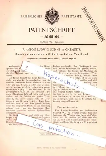 original Patent - F. Anton Ludwig Söhne in Chemnitz , 1892 , Rundspulmaschine mit Treibrand !!!