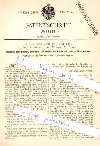 original Patent - Alexander Morison in Alpena , V. St. A. , 1891 , Spinnerei !!!