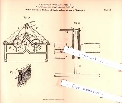 original Patent - Alexander Morison in Alpena , V. St. A. , 1891 , Spinnerei !!!