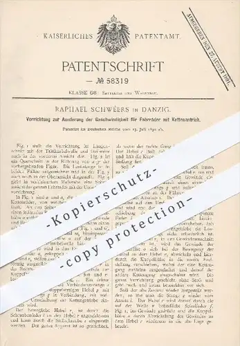 original Patent - Raphael Schwéers , Danzig  1890 , Ändern der Geschwindigkeit für Fahrräder mit Kettenantrieb | Fahrrad