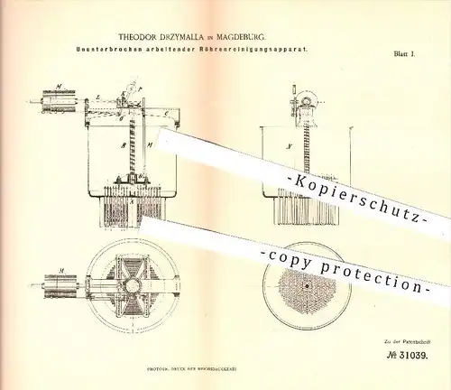 original Patent - Theodor Drzymalla , Magdeburg , 1884 , Apparat zum Reinigen von Röhren | Dampfkessel , Heizkörper !!