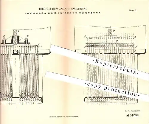 original Patent - Theodor Drzymalla , Magdeburg , 1884 , Apparat zum Reinigen von Röhren | Dampfkessel , Heizkörper !!