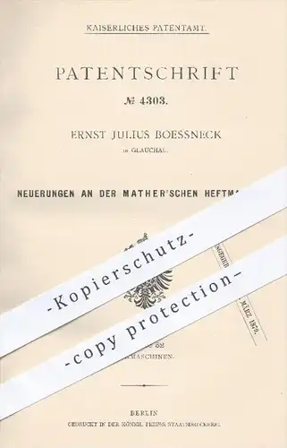 original Patent - Ernst J. Boessneck , Glauchau , 1878 , Mather'sche Heftmaschine | Mather , Nähmaschine , Nähen !!