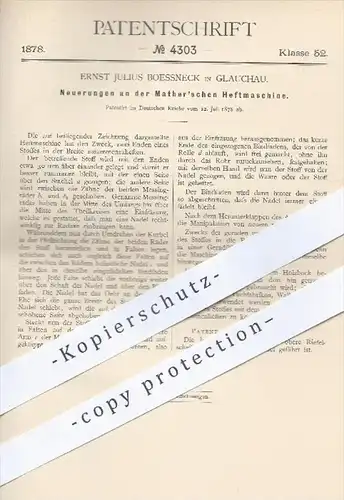 original Patent - Ernst J. Boessneck , Glauchau , 1878 , Mather'sche Heftmaschine | Mather , Nähmaschine , Nähen !!