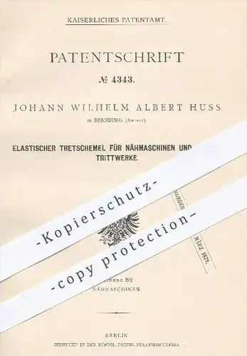 original Patent - J. W. A. Huss , Bernburg , 1878 , Elastischer Tretschemel für Nähmaschinen , Trittwerke | Nähmaschine