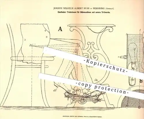 original Patent - J. W. A. Huss , Bernburg , 1878 , Elastischer Tretschemel für Nähmaschinen , Trittwerke | Nähmaschine