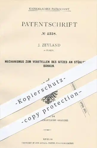 original Patent - J. Zeyland , Posen , 1878 , Verstellen von Sitz am Stuhl oder Bank | Stühle , Bänke , Möbel , Tischler