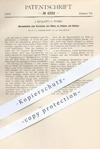 original Patent - J. Zeyland , Posen , 1878 , Verstellen von Sitz am Stuhl oder Bank | Stühle , Bänke , Möbel , Tischler