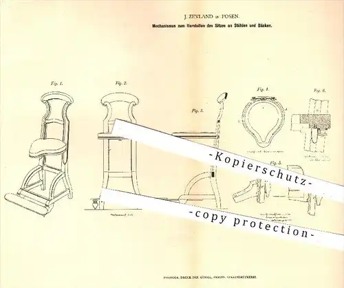 original Patent - J. Zeyland , Posen , 1878 , Verstellen von Sitz am Stuhl oder Bank | Stühle , Bänke , Möbel , Tischler